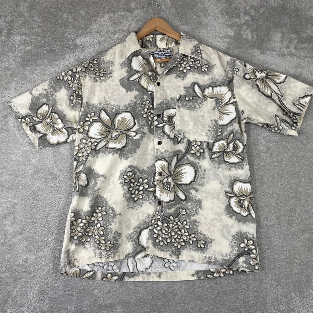 Vintage Pacific Scene Hawaiian‎ Shirt Mens Large Floral Hibiscus Tropical Aloha